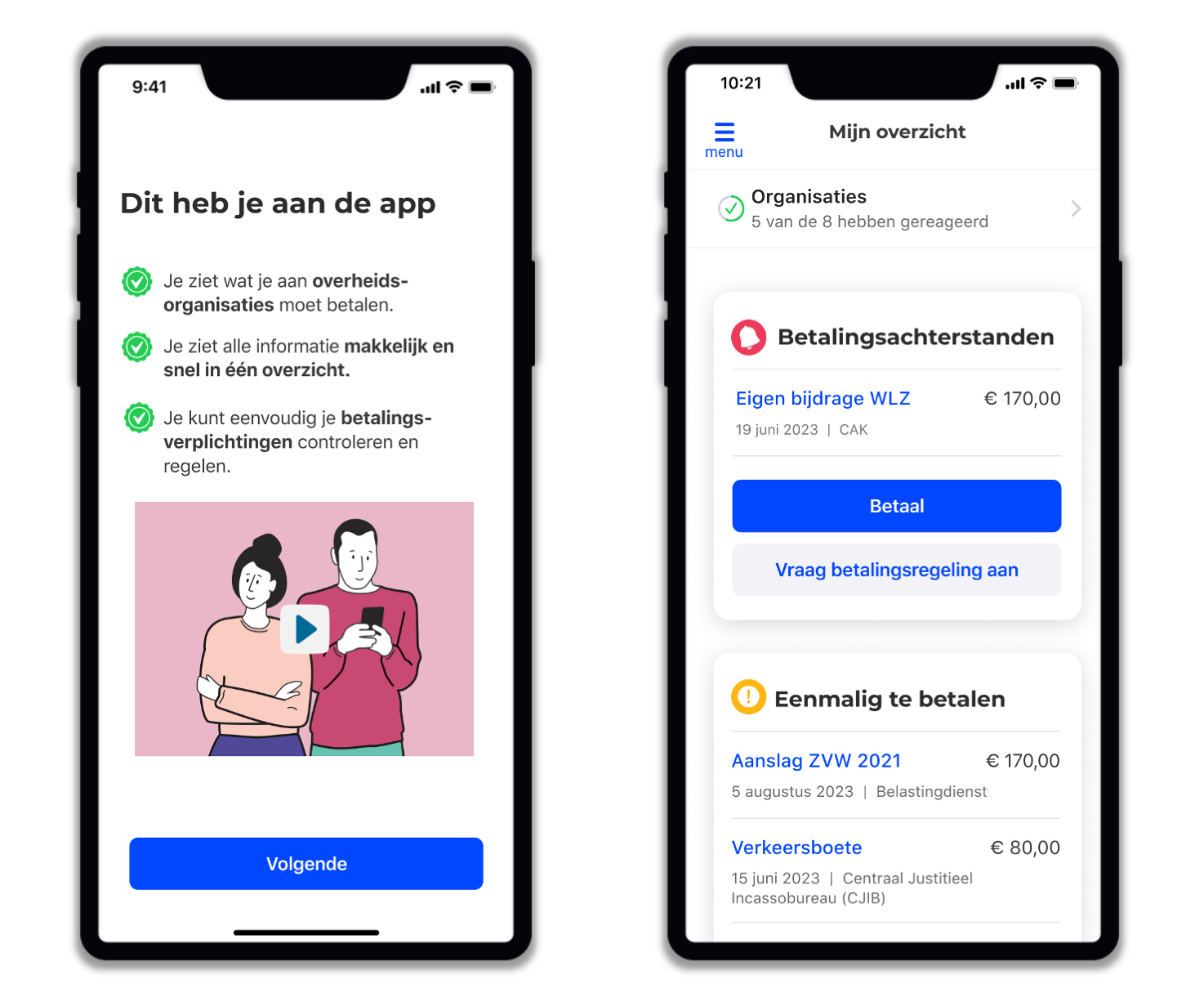 "Twee screenshots van de Vorderingenoverzicht Rijk applicatie"